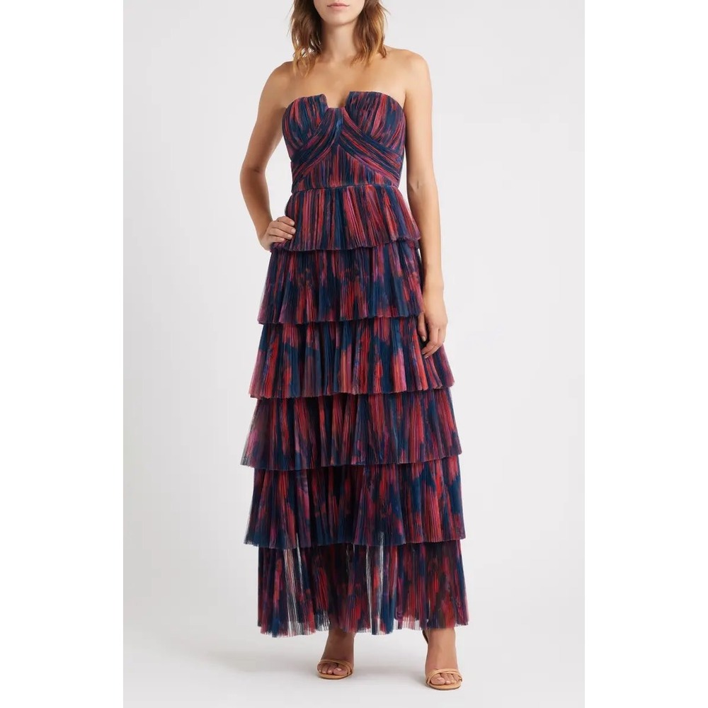 Hutch Tiered Pleated Tulle Strapless Gown Navy Pink Red Gown size 18W